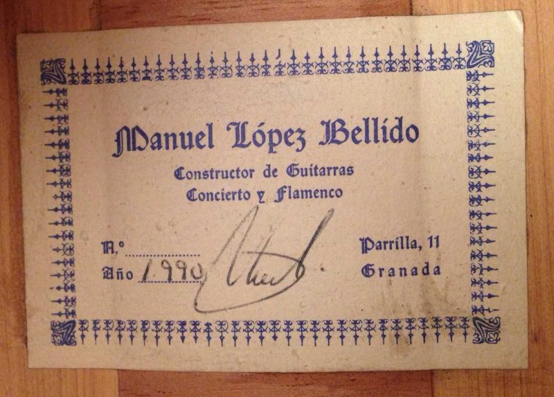 Guitarra flamenca Manuel Bellido 1990 etiqueta