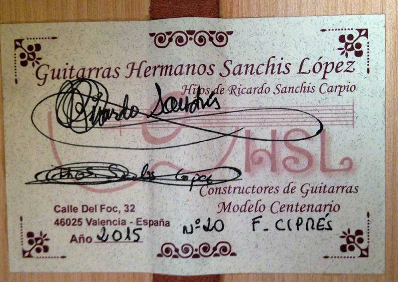Guitarra flamenca Hnos Sanchis López centenario 2015 etiqueta